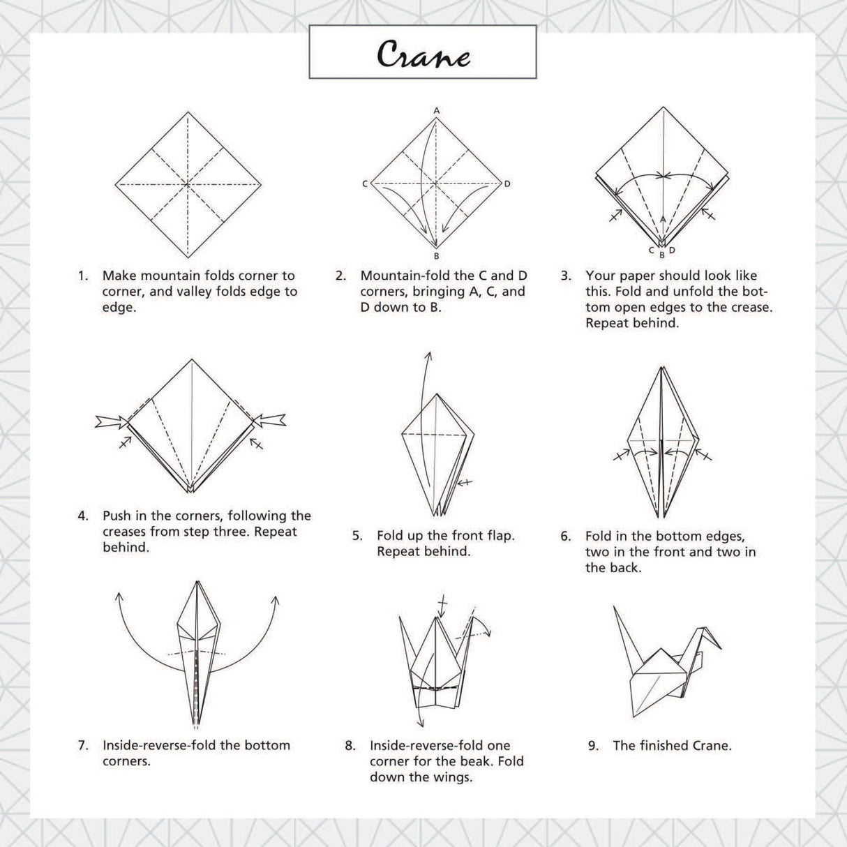 Origami Paper Dog Patterns showing step-by-step instructions to fold a traditional origami crane from a square sheet.