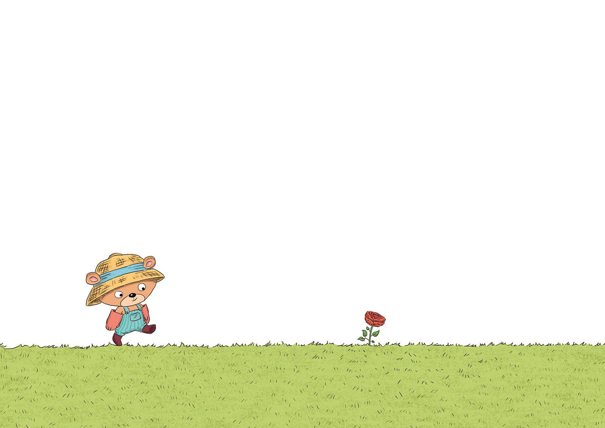 Upside Down shows a teddy bear gardener discovering a small flower in a simple, charming garden scene.