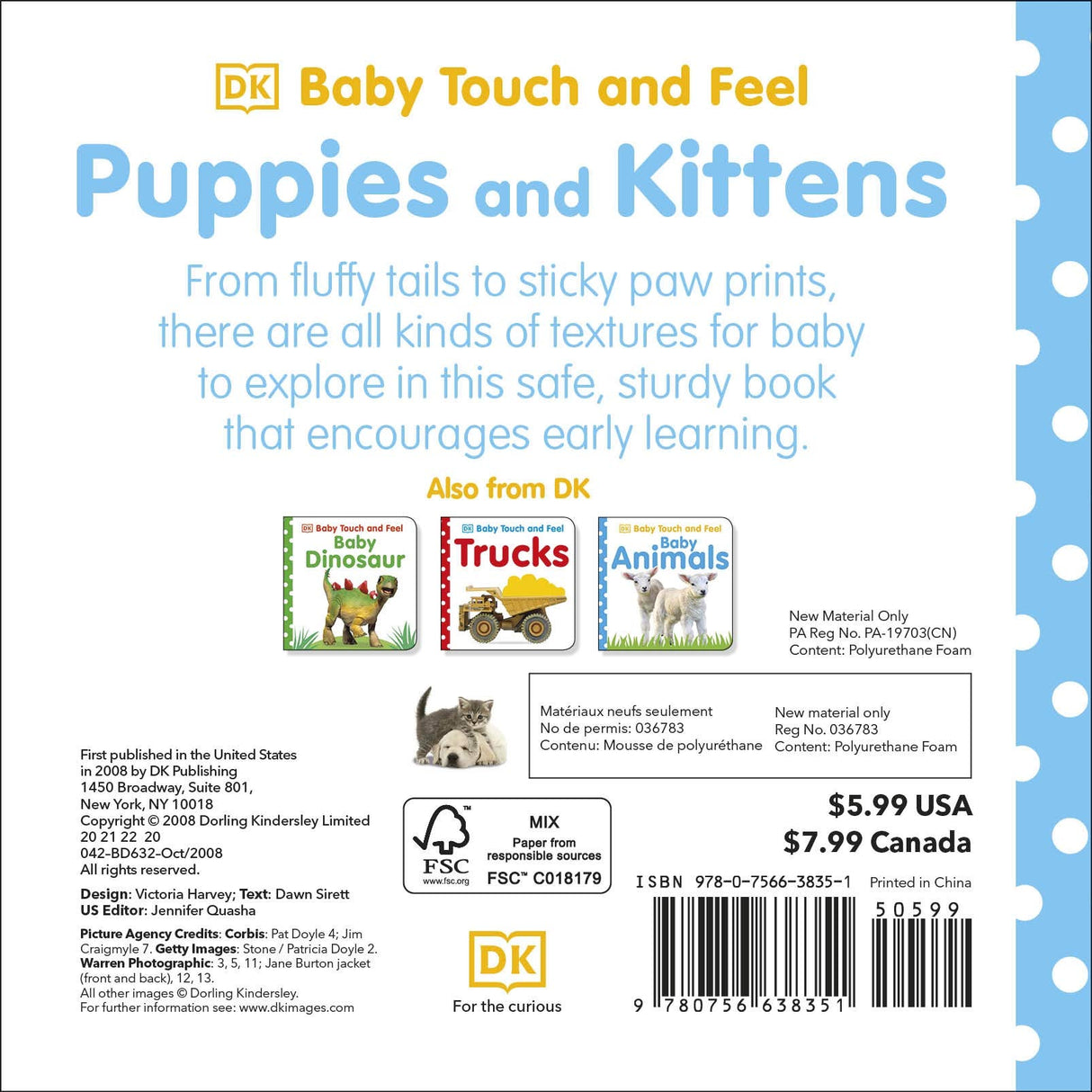 Back cover of Touch & Feel Puppies and Kittens board book featuring texture details for baby sensory exploration.