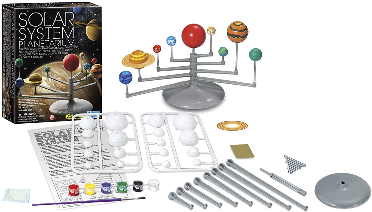 Solar System Planetarium kit with planets, rods, paint, stencils, and educational materials for ages 8 and up.