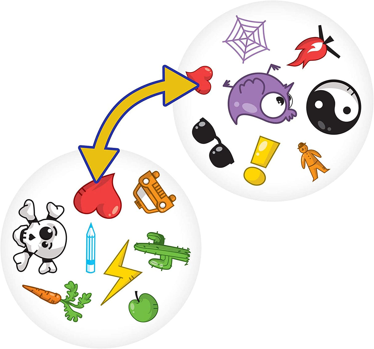 Spot it! game showing two cards with matching red heart symbols for fast visual matching fun.