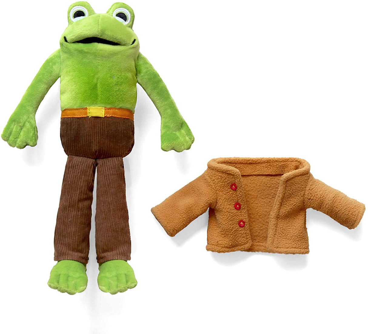 Frog plush toy with bright green body, brown corduroy pants, and removable camel-colored coat with red buttons.