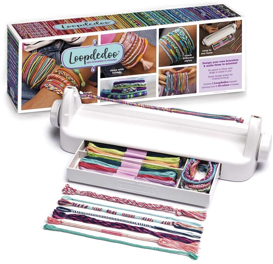 LoopdeDoo Friendship Bracelet Maker with colorful embroidery floss and finished twisted bracelets for creative crafting.