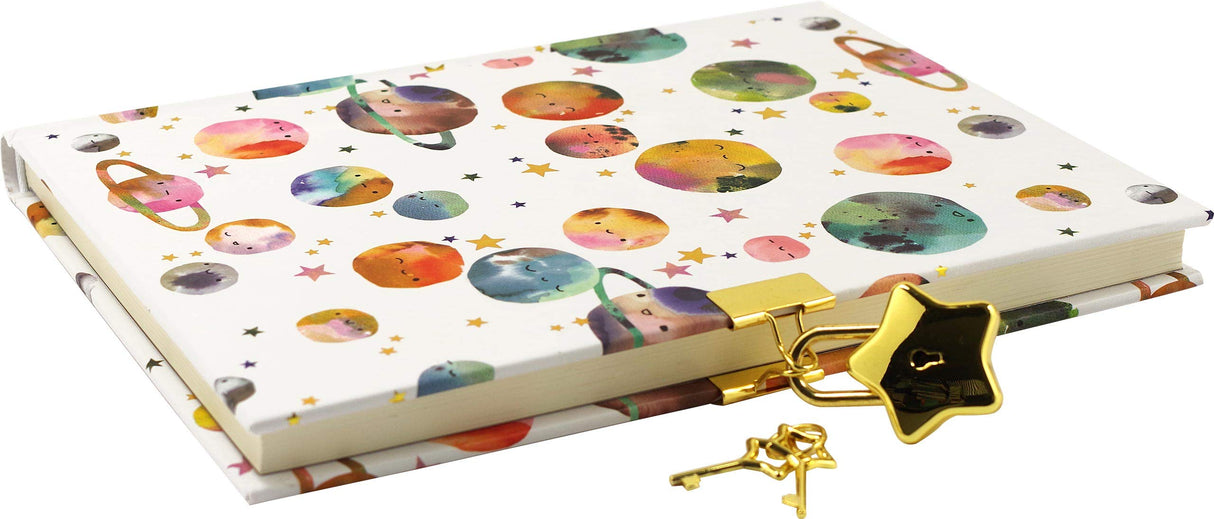 Space Diary locking journal with colorful planets cover, gold foil accents, and star-shaped lock with two keys.