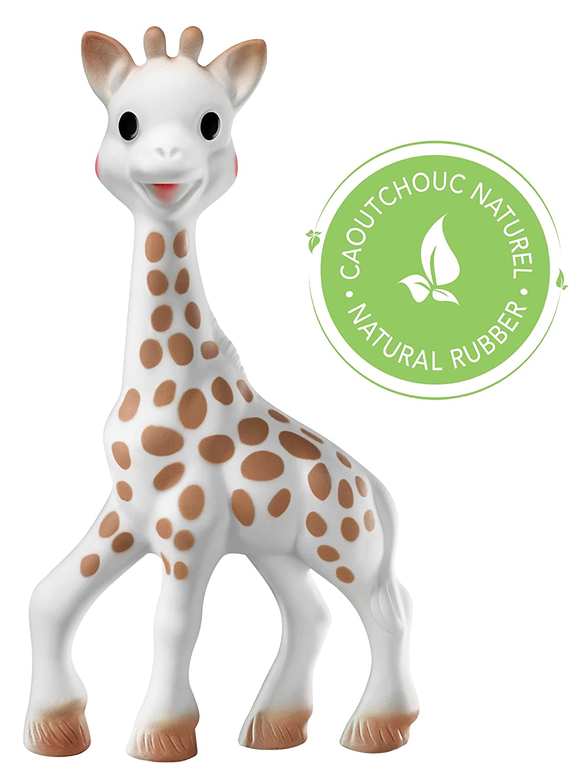 Sophie the Giraffe natural rubber baby toy with brown spots and smiling face, safe for chewing and sensory play.