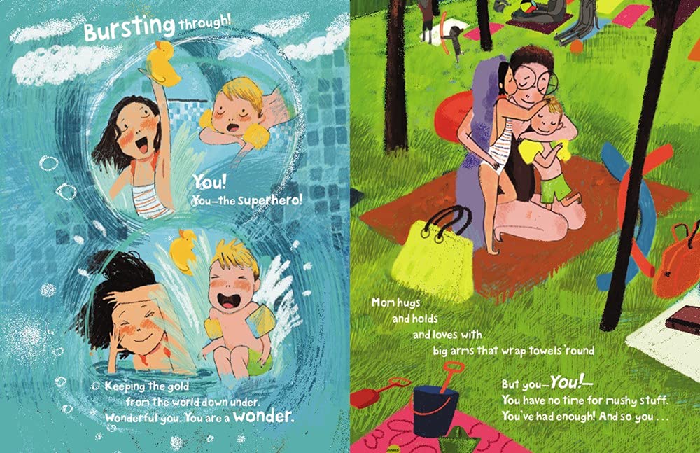 Bubbles...Up! illustration of joyful children swimming and a warm hug by the pool on a sunny community day.