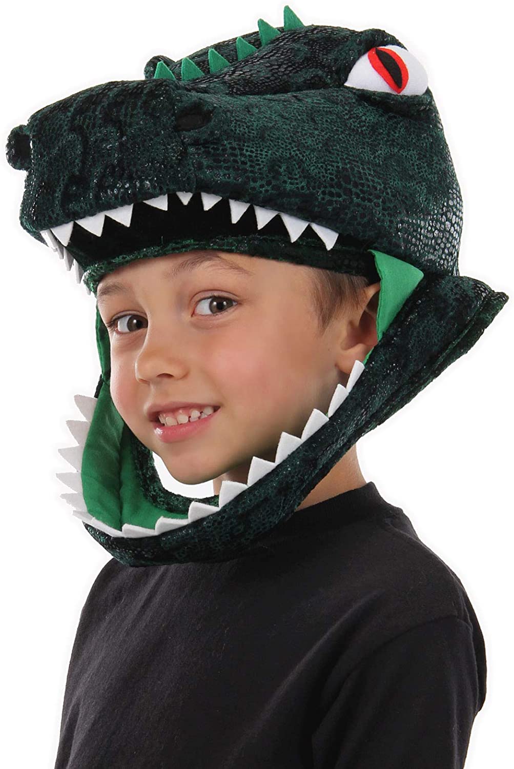 Young boy smiling while wearing the T-Rex Hat with dinosaur details and sharp teeth around the face opening