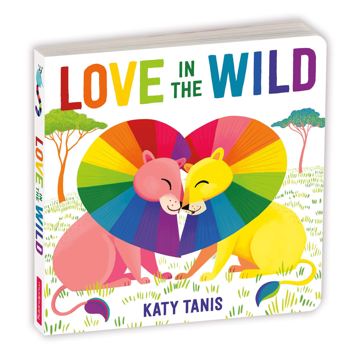 Love in the Wild board book cover showing two colorful lions with rainbow manes touching noses in a grassy setting.