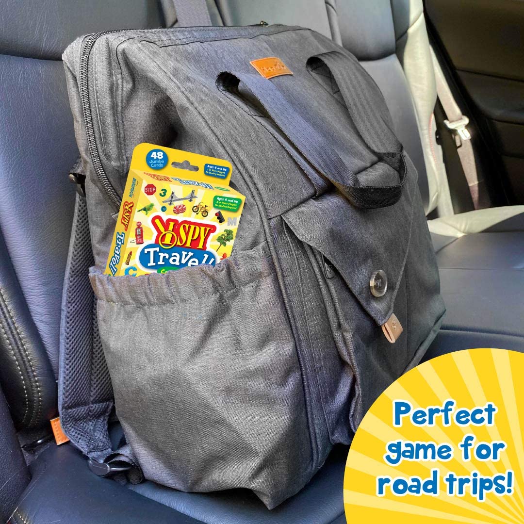 I Spy Travel! Card Game shown in a backpack pocket, perfect for family road trips and travel fun.