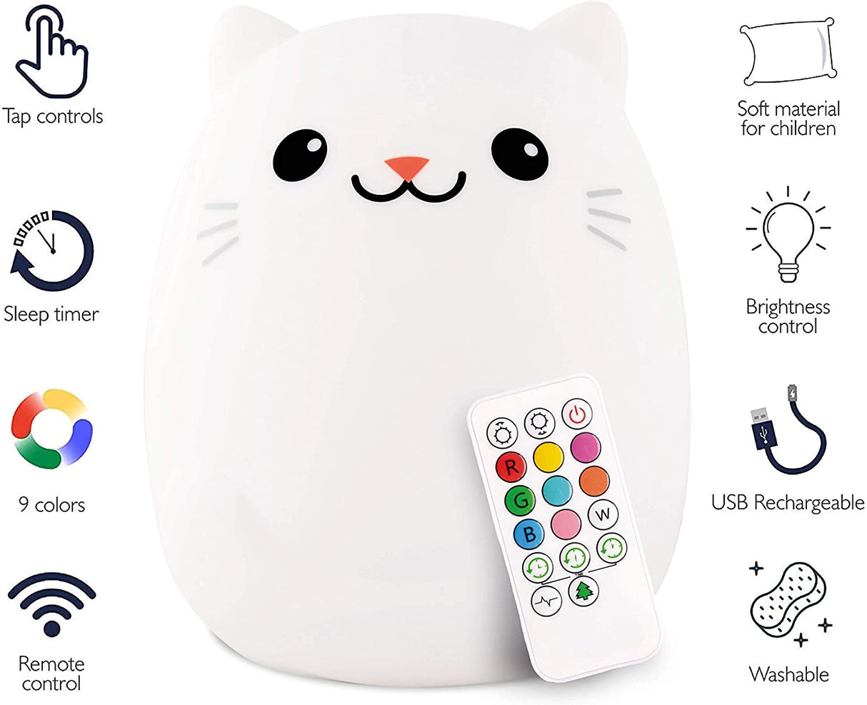 LED Nightlight | Cat with remote, 9 color modes, soft silicone, tap control, sleep timer, brightness, and USB rechargeable.