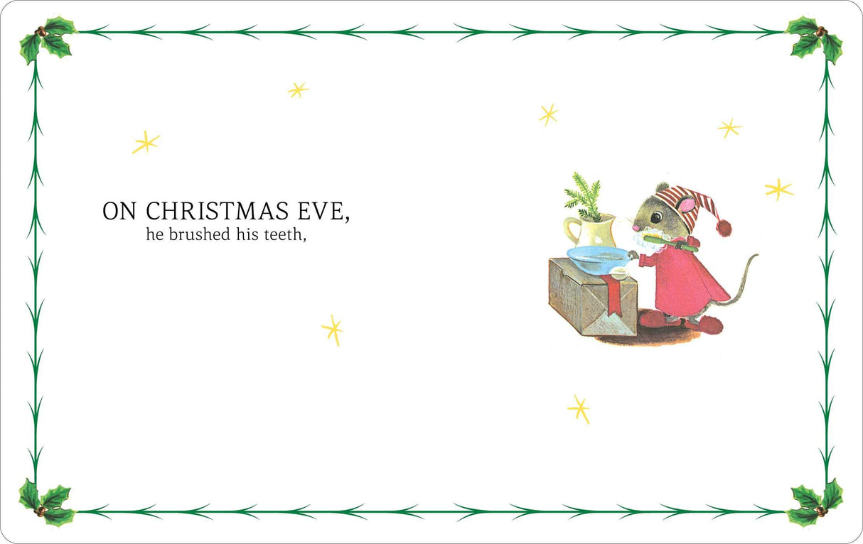 Santa Mouse board book page showing a small mouse in pajamas brushing teeth on Christmas Eve with festive border.
