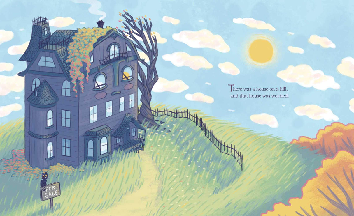 Illustration from Hardly Haunted showing a spooky old house on a hill with a "For Sale" sign under a bright sun.
