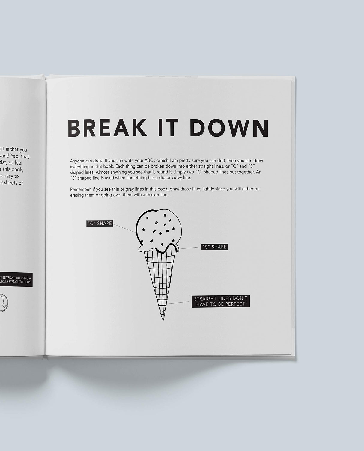How to Draw All the Things book page showing simple drawing steps for an ice cream cone using C and S shapes.