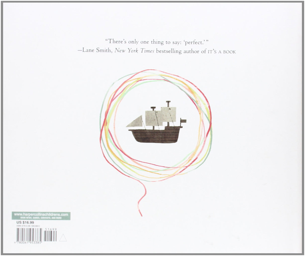 Extra Yarn book back cover with colorful yarn circle surrounding a small ship illustration and a quote above.