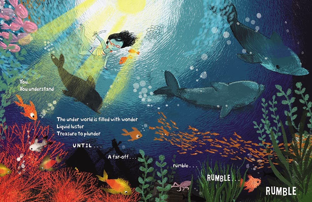 Bubbles...Up! illustration of a child underwater with fish, plants, and colorful bubbles in a vibrant ocean scene.