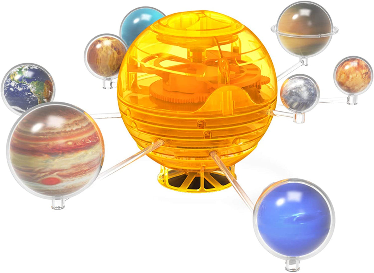Orbiting Solar System mechanical model showing sun and eight planets revolving with detailed colorful planet graphics.