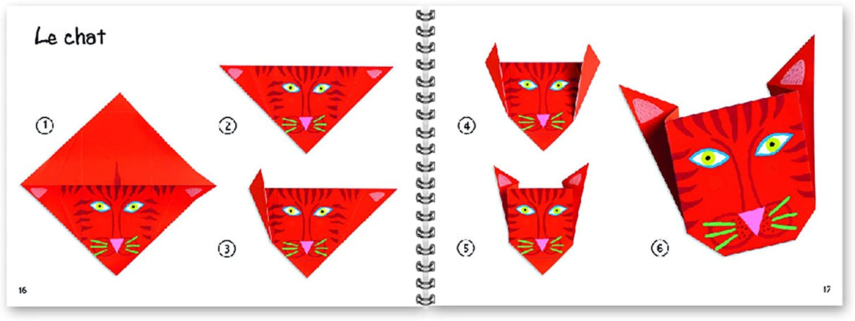 Origami Animals product showing step-by-step instructions to fold a red origami cat face with detailed illustrations.