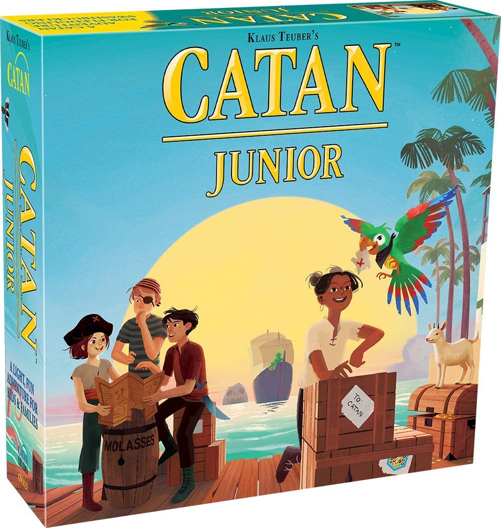 Catan Jr. board game for kids with pirate adventure theme, colorful box art showing children and a parrot by the sea.