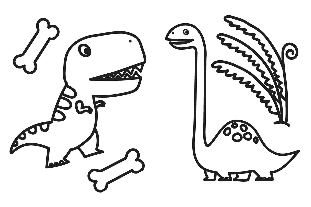 Big Book of Dinosaurs Coloring Book featuring friendly outlined dinosaurs, bones, and prehistoric plants for kids to color.