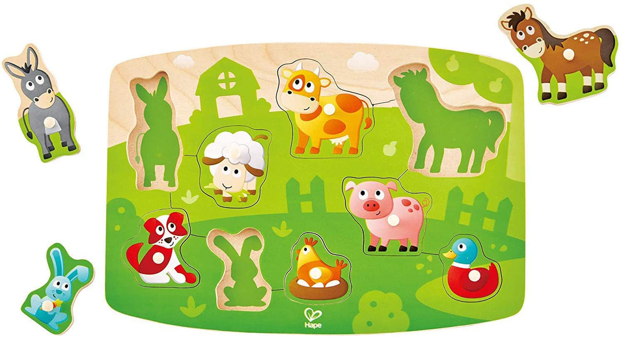 9pc Farm Animals Peg Puzzle with colorful wooden farm animal pieces including donkey, sheep, cow, horse, pig, dog, hen, rabbit, and duck.