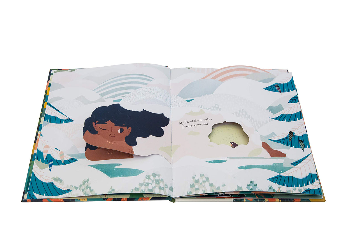 Open pages of My Friend Earth children's book featuring colorful illustrations and interactive die-cut design.
