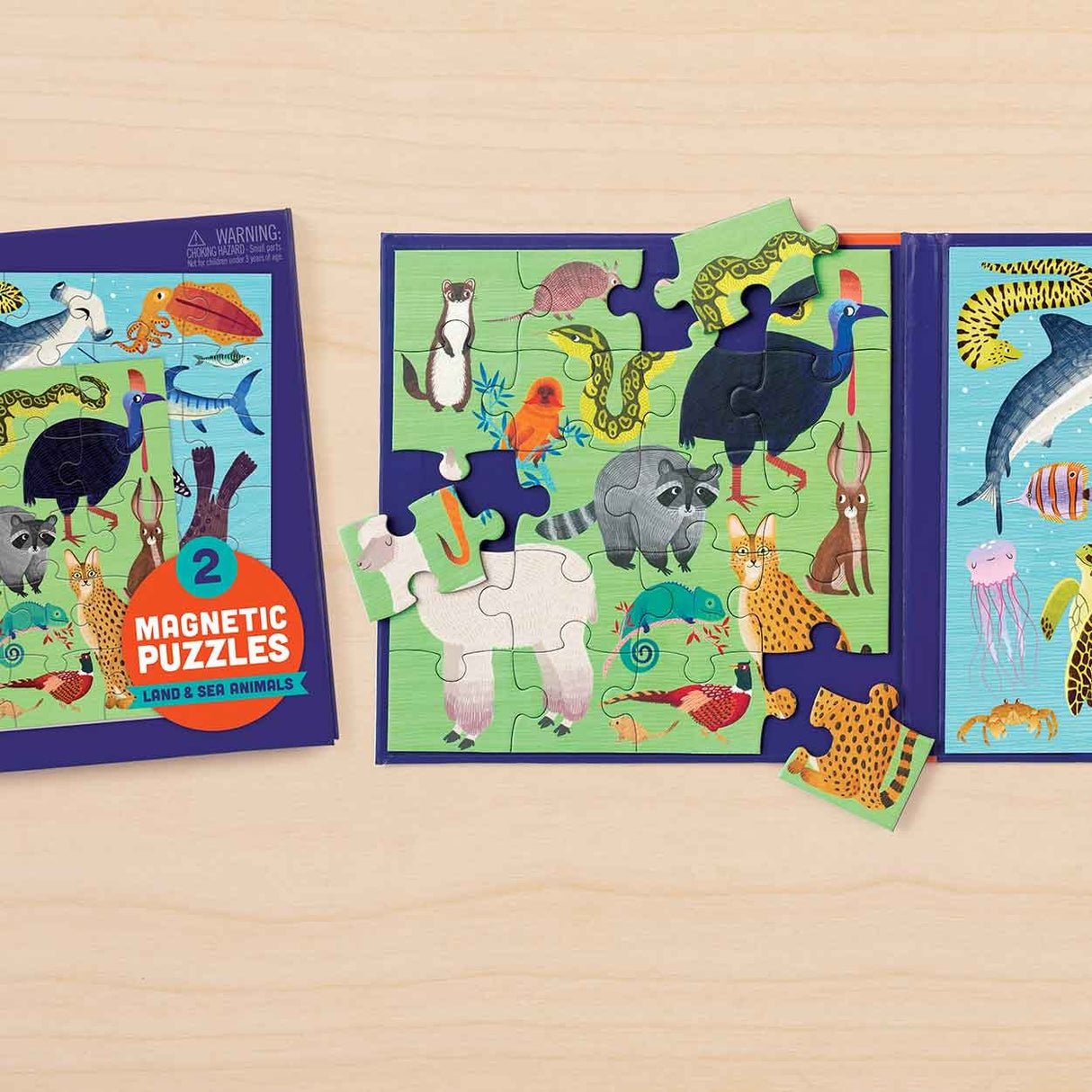 20pc Land & Sea Animals Magnetic Puzzle showing colorful animal pieces on magnetic boards for children’s play.