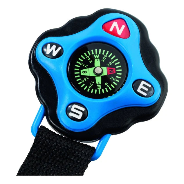 Clip On Compass with bright blue design and black strap, perfect for outdoor adventures and learning navigation skills.