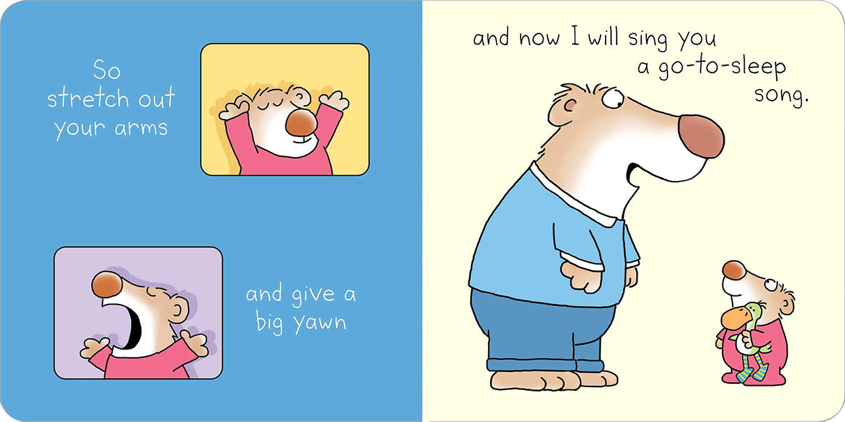 Silly Lullaby book page shows a bear stretching and singing a go-to-sleep song to a little bear in pajamas.