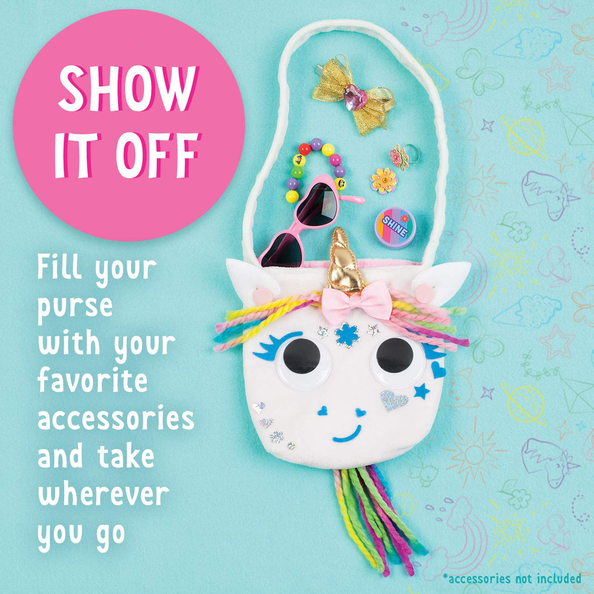 Unicorn Purse Kit featuring a soft unicorn bag with colorful yarn mane, golden horn, and large wiggly eyes.