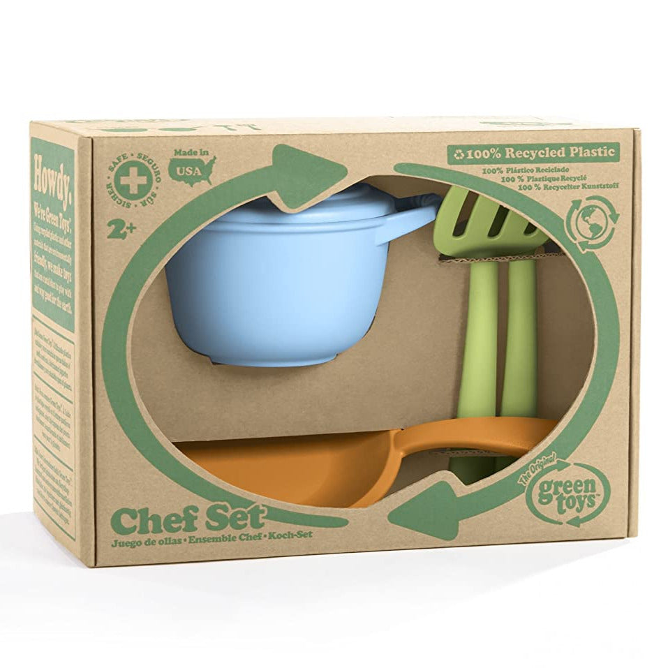 Chef Set made from 100% recycled plastic includes pot, skillet, ladle, and spatula, safe and eco-friendly for kids.