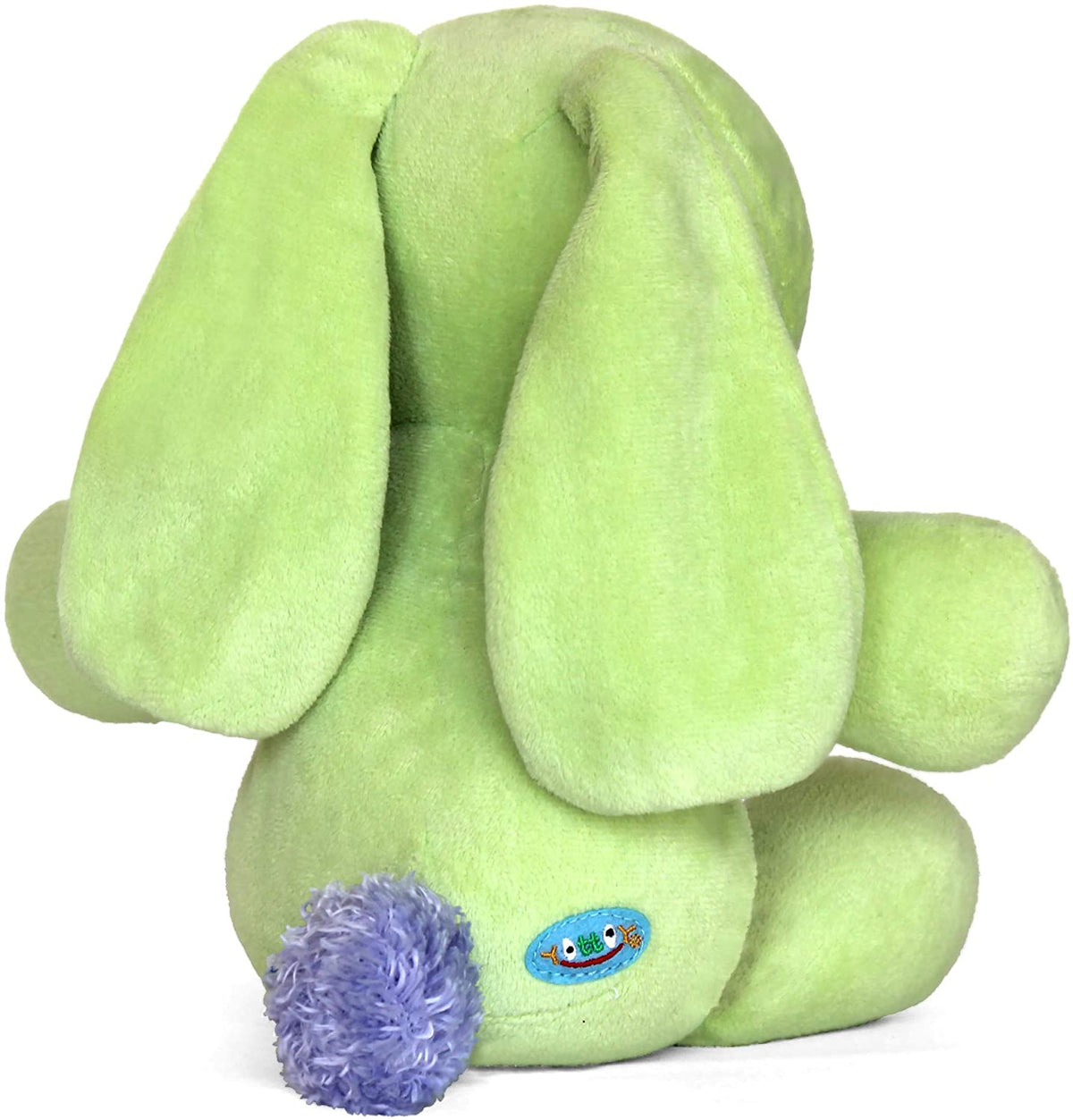 Knuffle Bunny plush in soft green velour with shiny velvet ears and chenille tail, 12 inches tall stuffed toy.