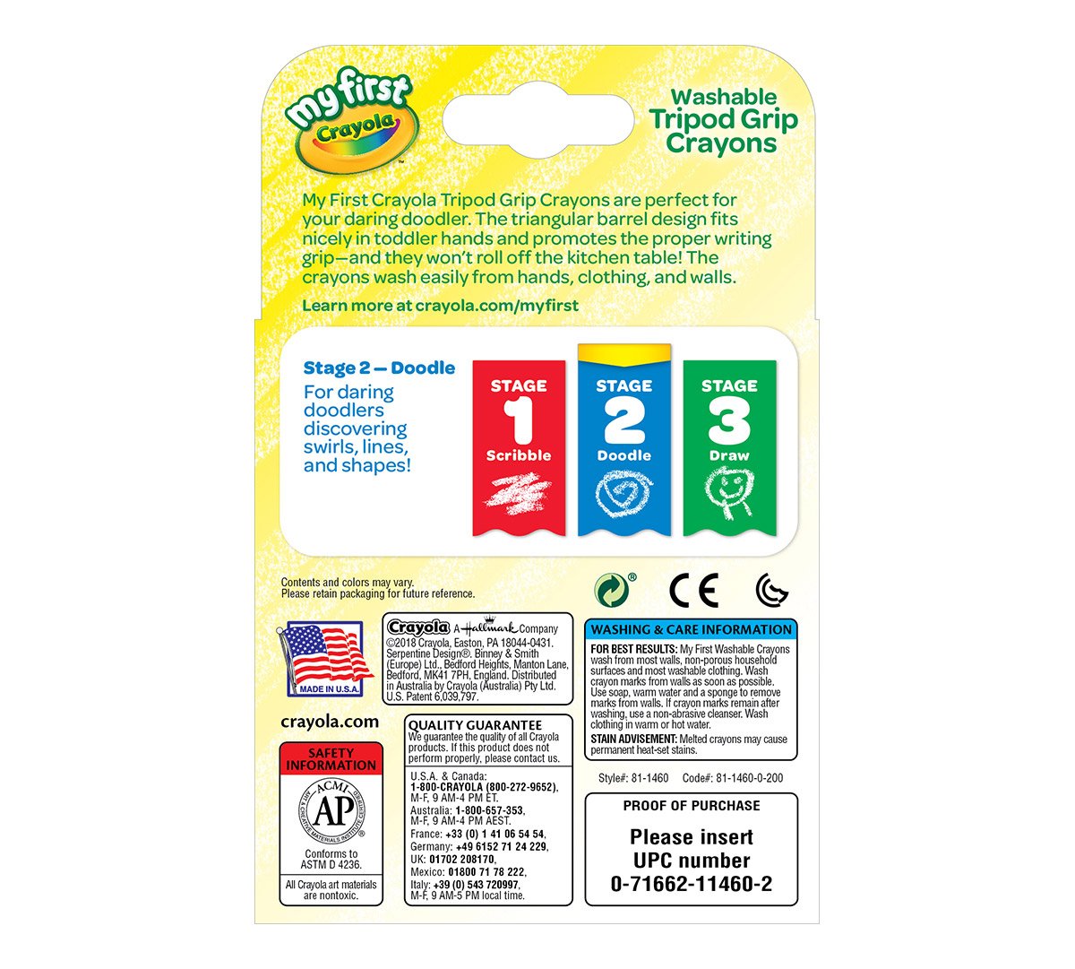 Washable Tripod Crayons packaging showing color stages for toddlers with easy-grip triangular crayon design in 8 colors.