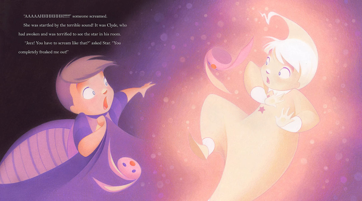 Illustration from Twinkle, Twinkle Little Kid showing a surprised child meeting a glowing star in a magical bedroom scene.