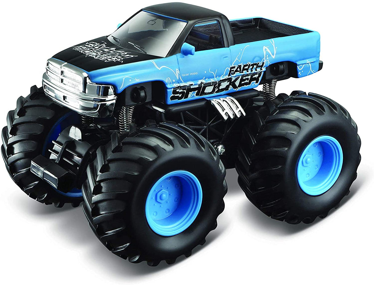 Earth Shockers Monster Truck die cast metal with pullback motor, spring suspension, and giant soft tires in blue color.