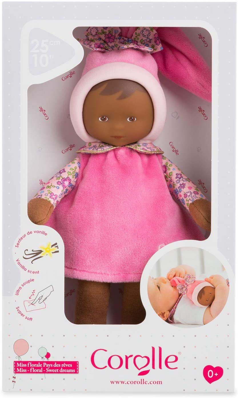 Miss Floral Sweet Dreams soft baby doll with floral dress and pink hat, perfect for newborns and cuddling.