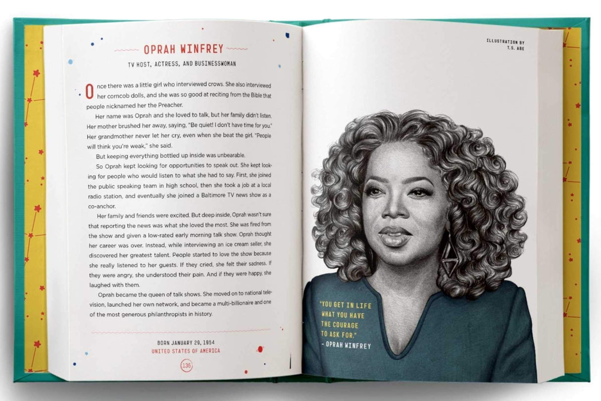 Good Night Stories For Rebel Girls 2 featuring a detailed portrait and story of Oprah Winfrey by a female artist