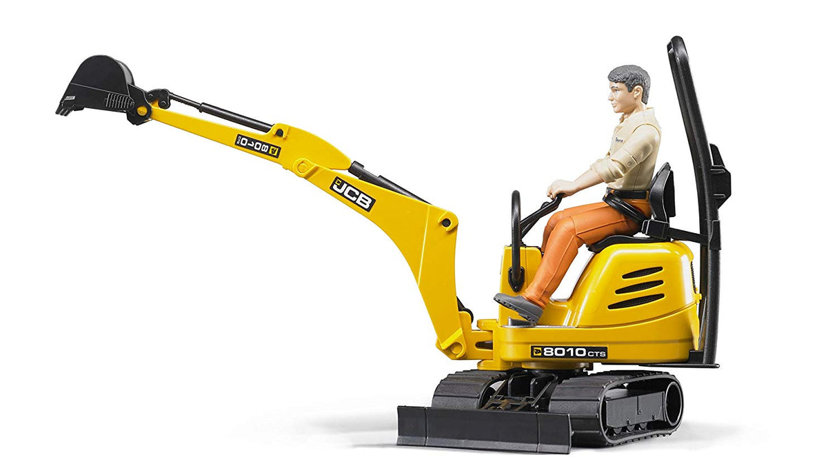 JCB Micro Excavator 8010 CTS toy with 360° arm, crawler tracks, and seated figure for indoor and outdoor play.