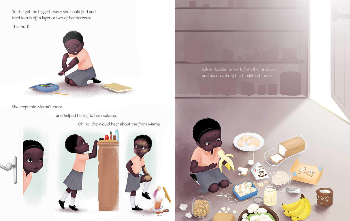 Sulwe, a young dark-skinned girl, tries makeup and snacks as she embarks on a magical self-discovery journey.