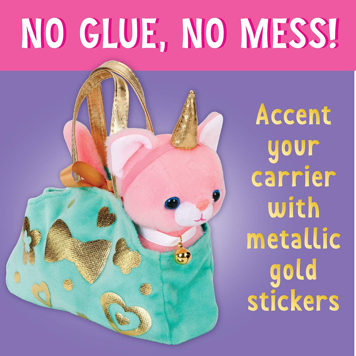 Cuddly Kitten plush pink cat with unicorn horn and bell in teal pet carrier with metallic gold stickers.
