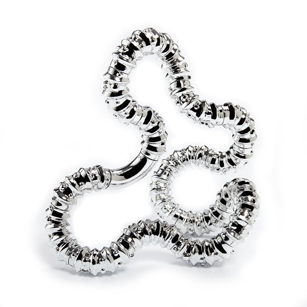 Tangle | Jr Textured Metallic in shiny silver finish, tactile fidget toy for kids and adults, great for sensory play and stress relief.