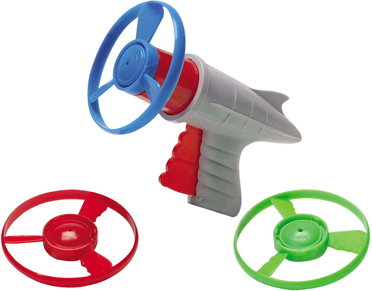 Lunar Launcher plastic disc launcher toy with blue handle and red and green discs for kids’ outdoor fun and games.