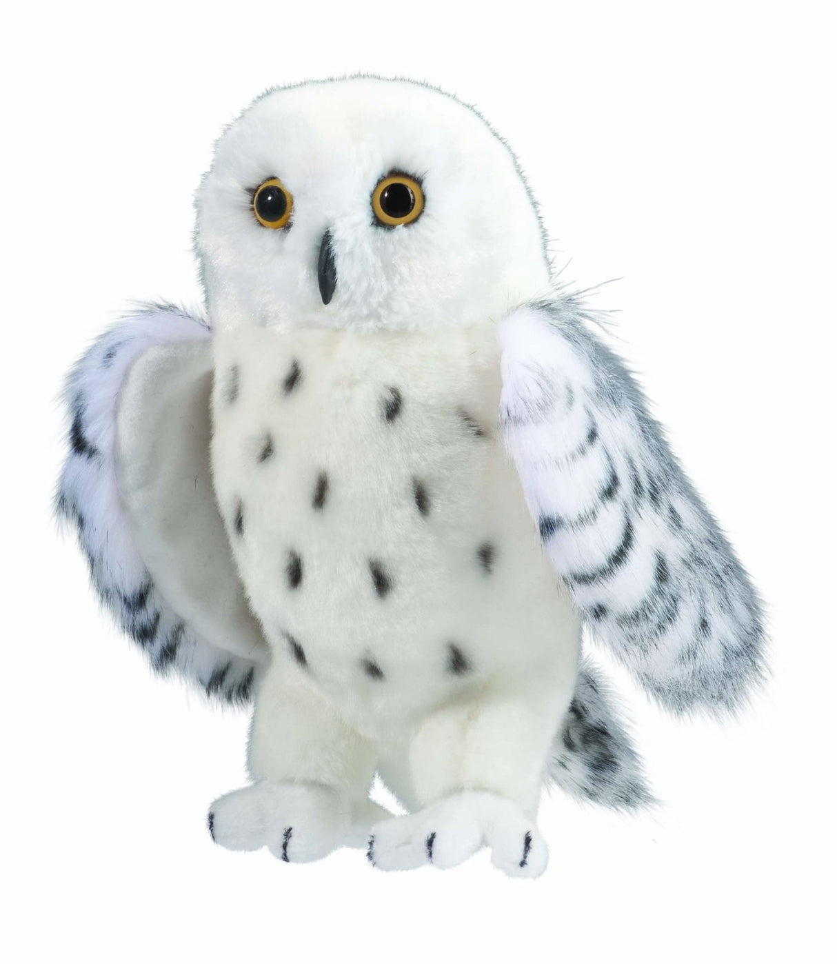 Snowy Owl Legend plush toy with soft white fur, black markings, fluffy wings, and big yellow eyes, standing 10 inches tall.