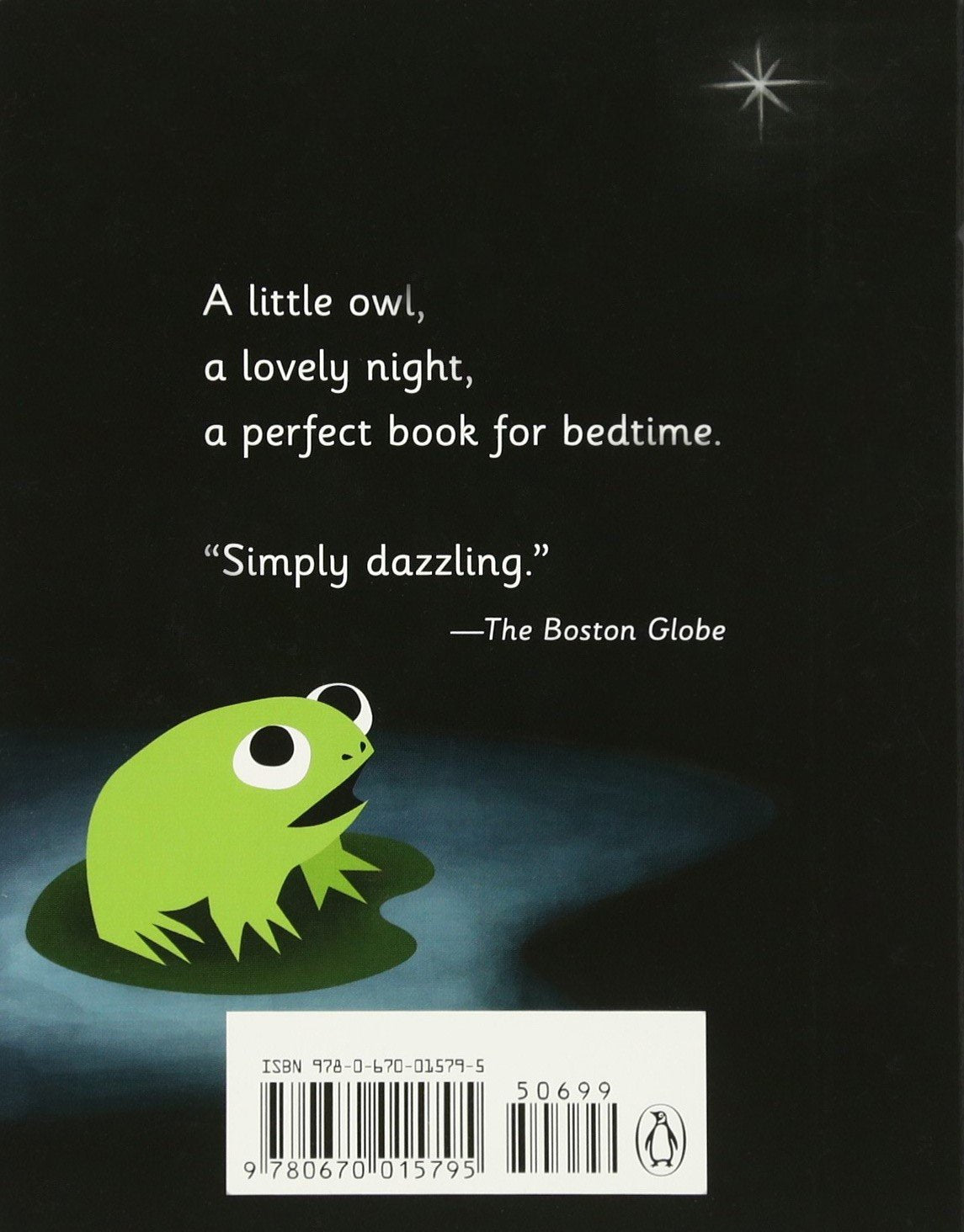 Back cover of Little Owl's Night showing a green frog under a starry night with a bedtime book quote.
