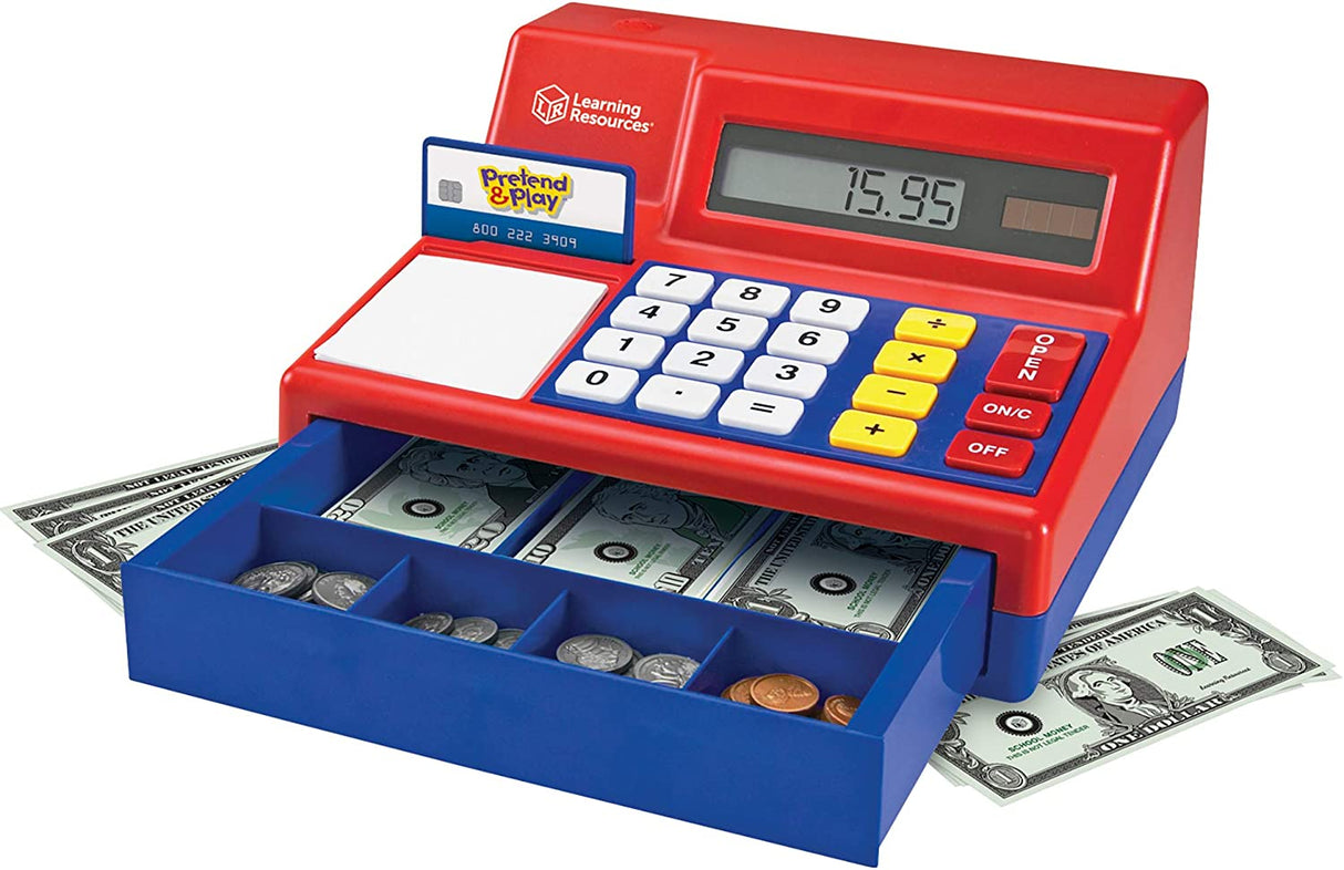 Cash Register kids toy with solar calculator, pretend bills and coins, credit card, and sounds for imaginative play.