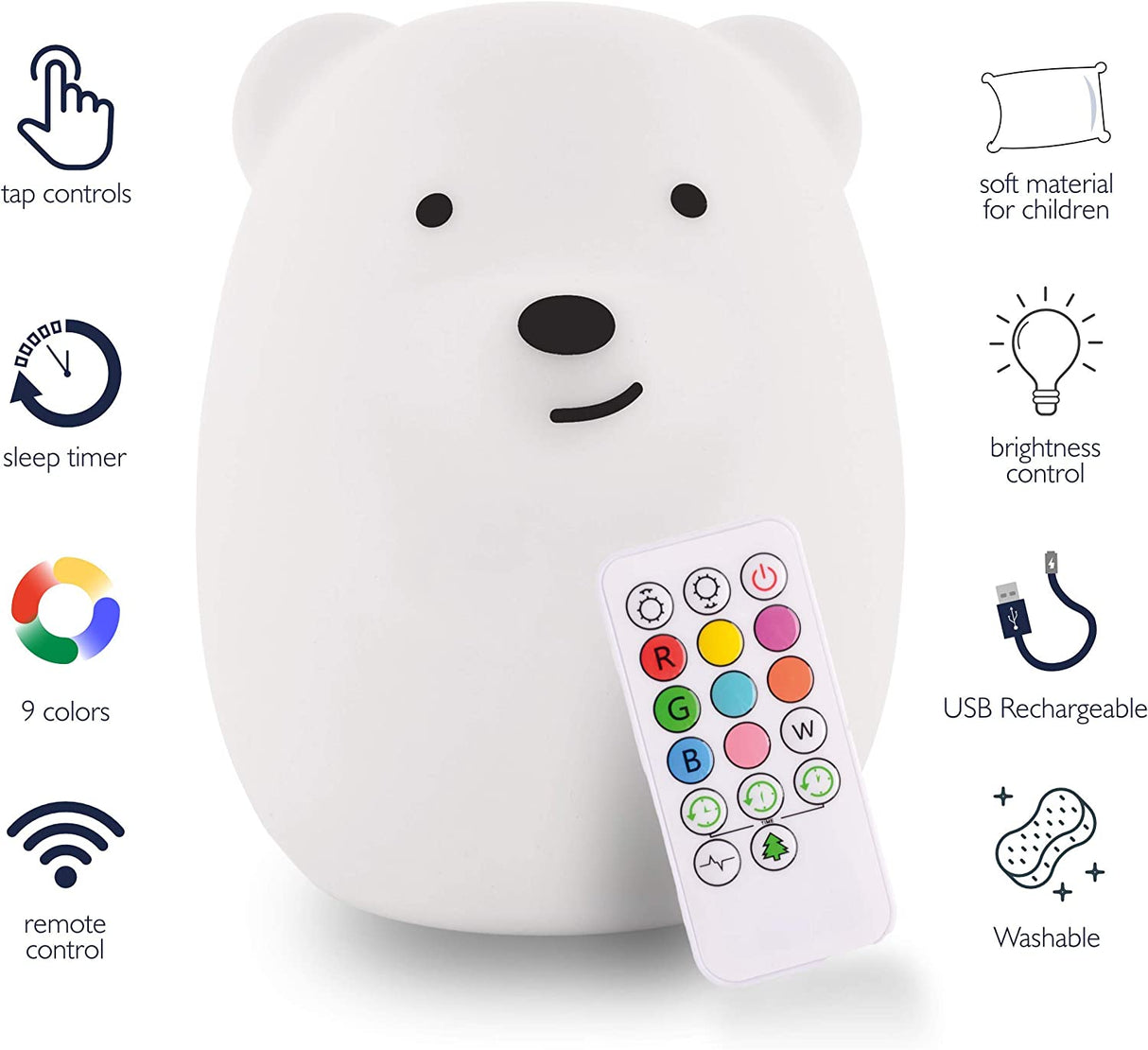 LED Nightlight | Bear with remote control, soft silicone, 9 colors, sleep timer, and USB rechargeable features.