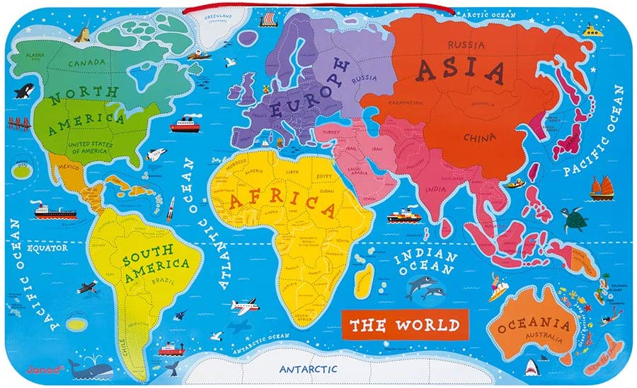 World Magnetic Map showing continents with colorful regions and labeled countries for educational wall display.