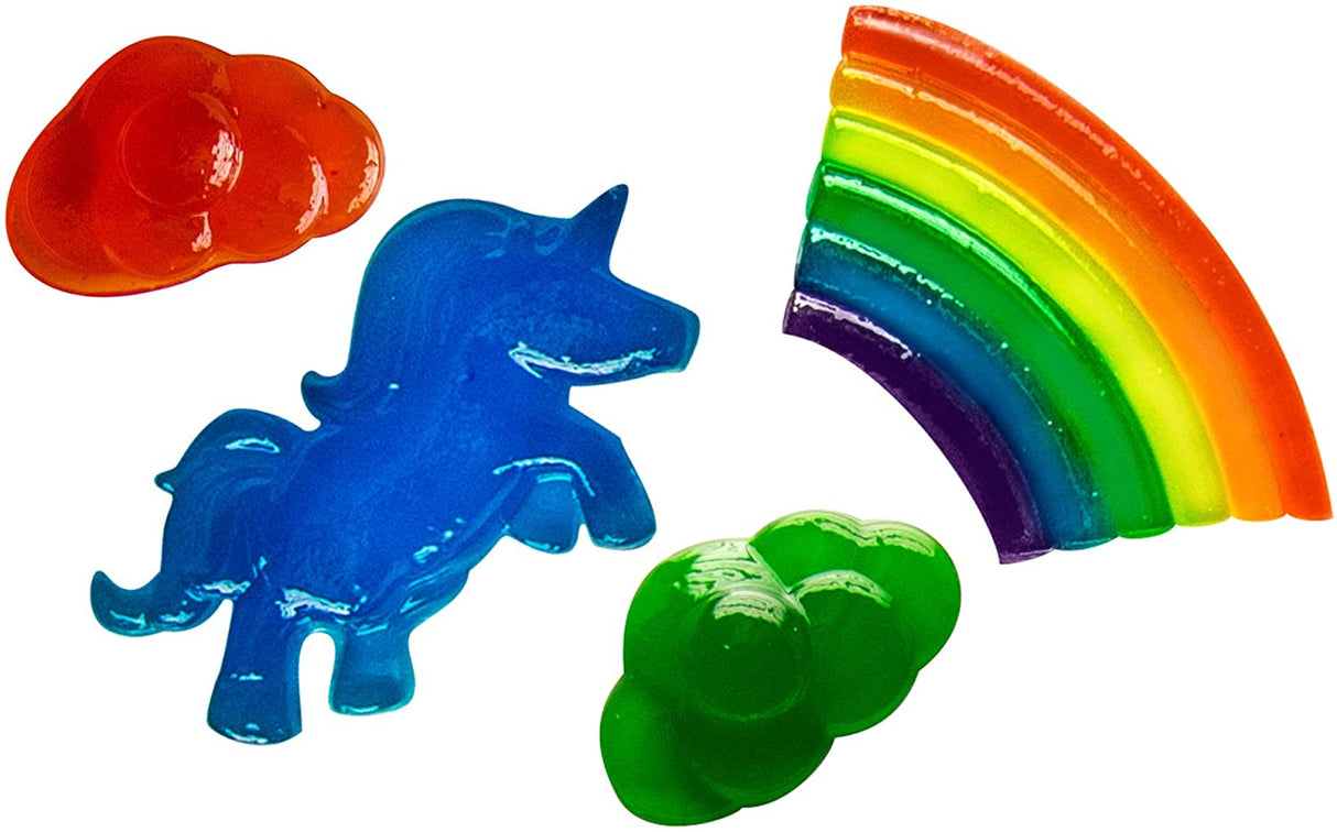 Rainbow Gummy Lab showing colorful gummy shapes of a unicorn, clouds, and a rainbow in vibrant colors.