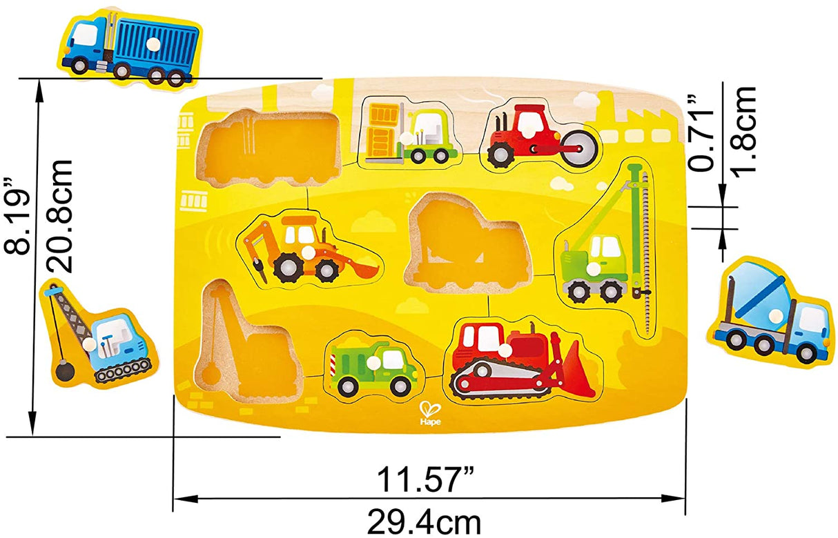 9pc Construction Vehicles Peg Puzzle with colorful wooden vehicle pieces on a yellow base for toddlers.