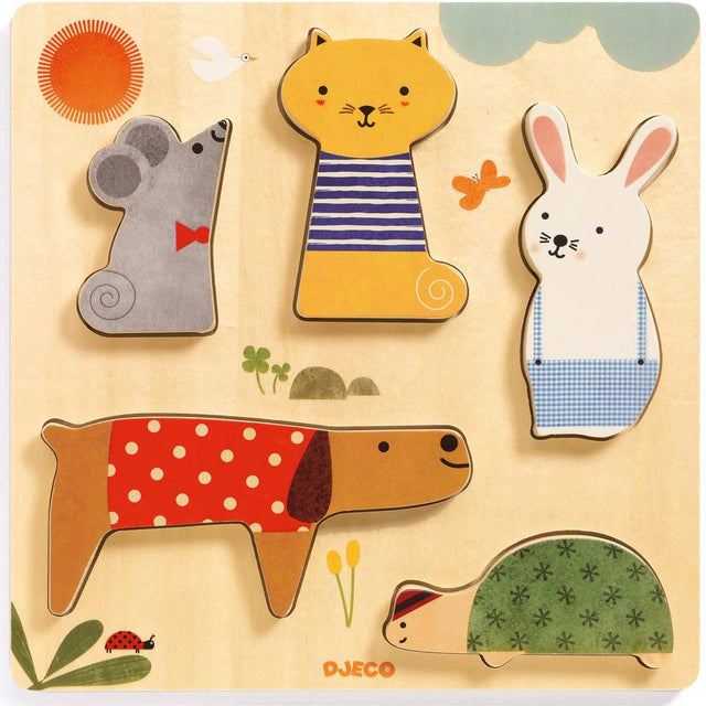 5pc Woodypets Wooden Puzzle with colorful animal shapes including mouse, cat, rabbit, dog, and turtle on a wooden board.