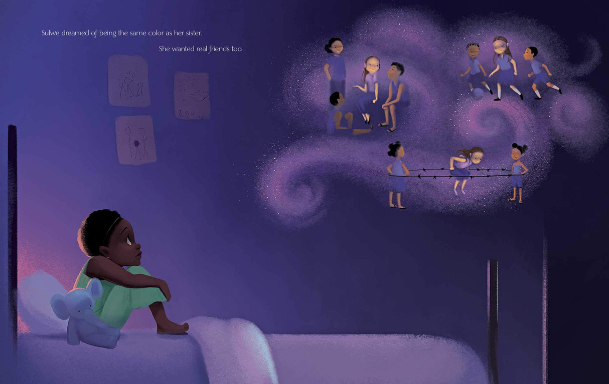 Illustration from Sulwe showing a girl dreaming of friendship and wishing for lighter skin in a magical night sky.